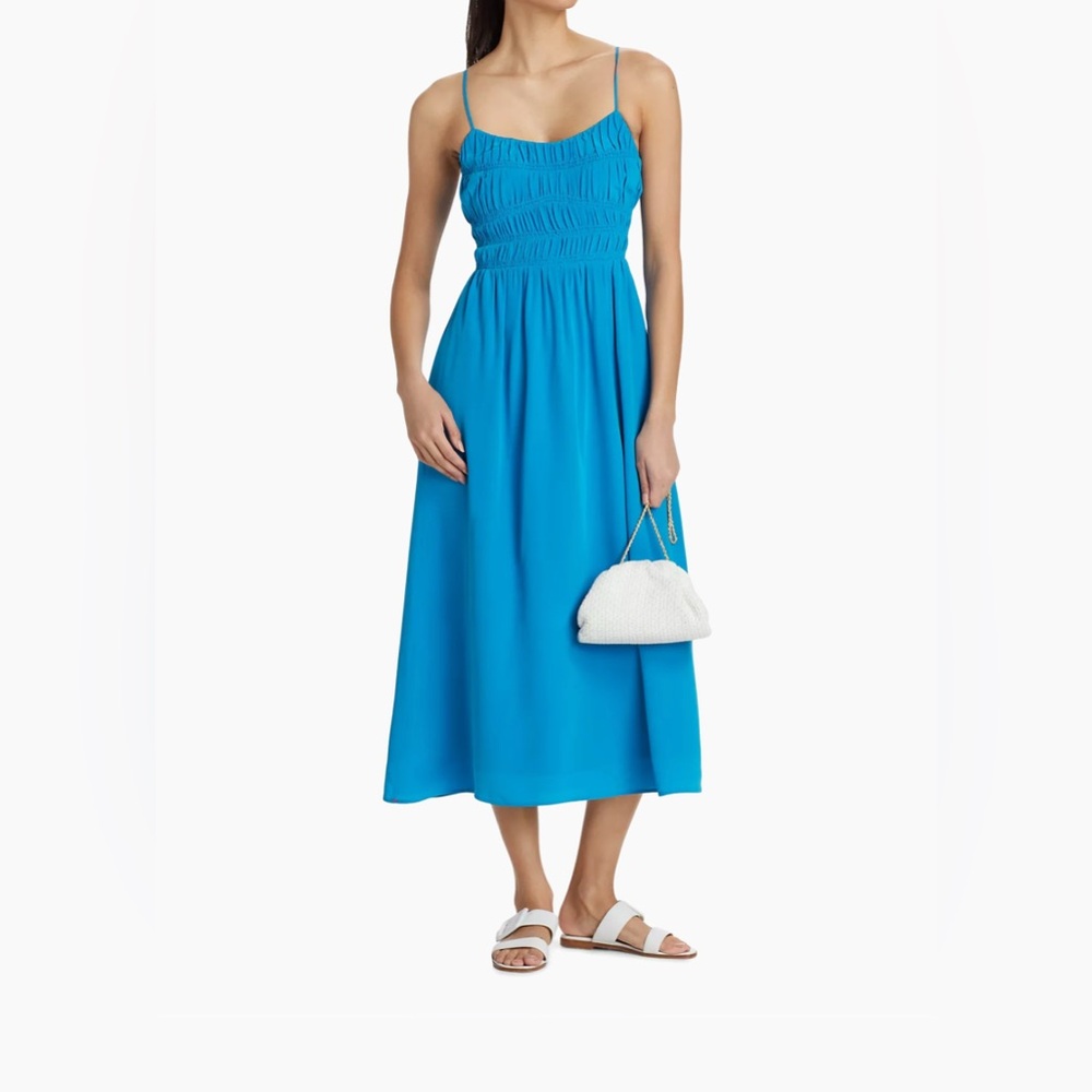 NWT XiRENA Stylla Ruched Silk Midi-Dress in Opal Blue